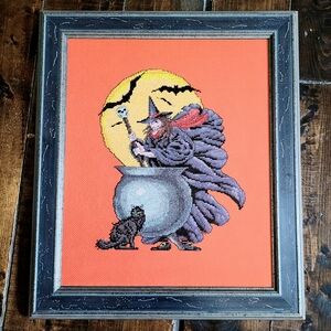Vintage Handmade Halloween Cross Stitch art Glitter Witch Cauldron Black Cat
